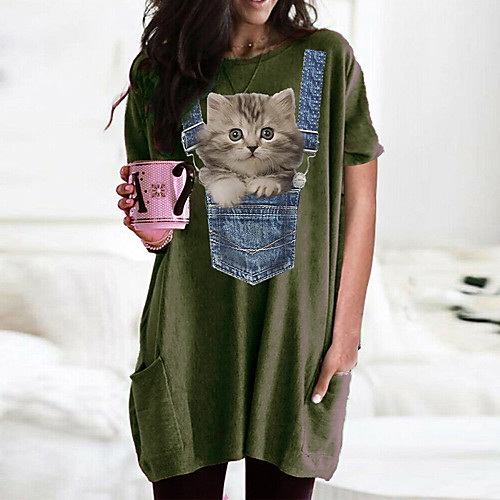 

Women's T shirt Dress Cat Graphic Round Neck Tops Basic Basic Top Black Wine Army Green