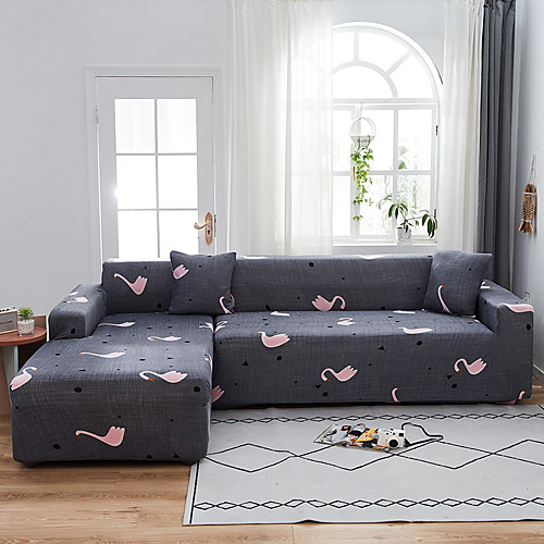 

Swan Gray Print Dustproof All-powerful Stretch L Shape Sofa Cover Super Soft Fabric Sofa Furniture Protector with One Free Boster Case