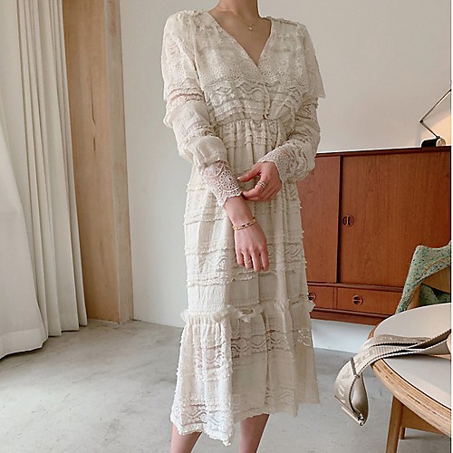 

A-Line Maxi Vintage Holiday Prom Dress V Neck Long Sleeve Tea Length Lace with Ruffles Lace Insert 2021