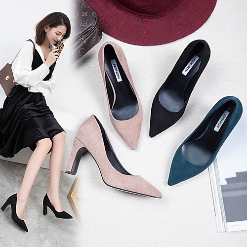 

Women's Heels Block Heel Pointed Toe Suede PU Solid Colored Almond Black Blue