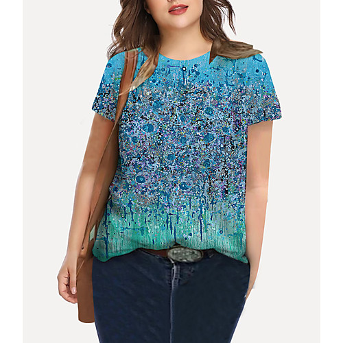 

Women's Plus Size Tops T shirt Floral Graphic Print Short Sleeve Crewneck Basic Blue Big Size XL XXL 3XL 4XL 5XL / Holiday / Going out