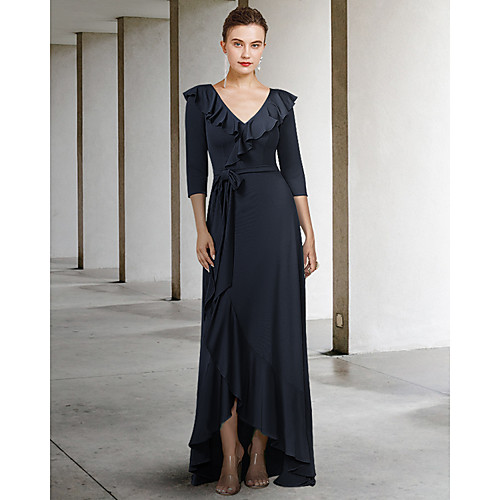

A-Line Mother of the Bride Dress Elegant V Neck Asymmetrical Floor Length Chiffon Half Sleeve with Pleats Appliques 2021