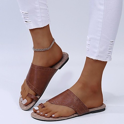 

Women's Sandals Bunion Sandals Flat Heel Round Toe PU Flower Solid Colored Dark Brown