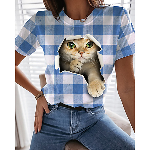 

Women's 3D Cat T shirt Cat Plaid 3D Print Round Neck Basic Tops Black Blue Red