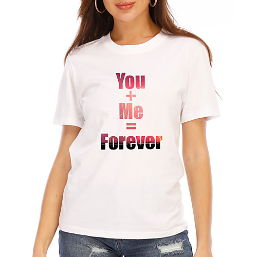 

Women's T shirt Text Print Round Neck Tops 100% Cotton Basic Basic Top White