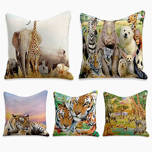 

Cushion Cover 5PC Faux Linen Soft Decorative Square Throw Pillow Cover Cushion Case Pillowcase for Sofa Bedroom 45 x 45 cm (18 x 18 Inch) Superior Quality Machine Washable Tiger