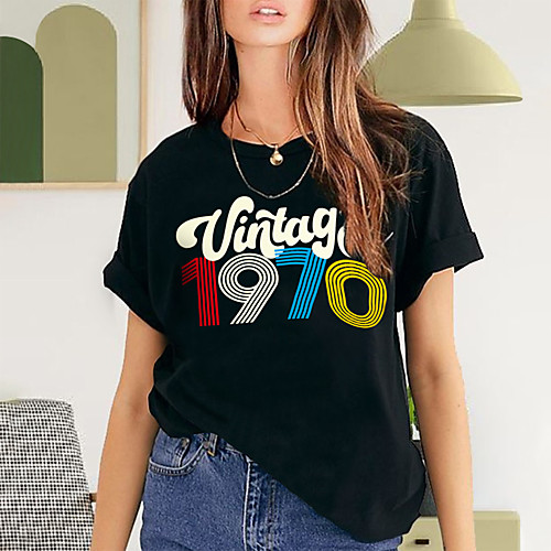 

Women's T shirt Cartoon Print Round Neck Basic Tops 100% Cotton White Black Blushing Pink