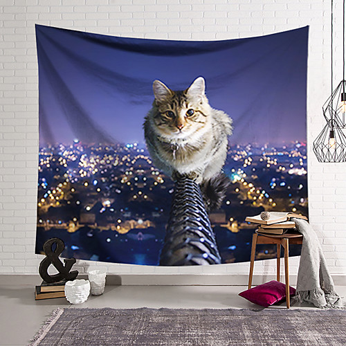 

Wall Tapestry Art Decor Blanket Curtain Hanging Home Bedroom Living Room Decoration Polyester City Night View Cat Walking