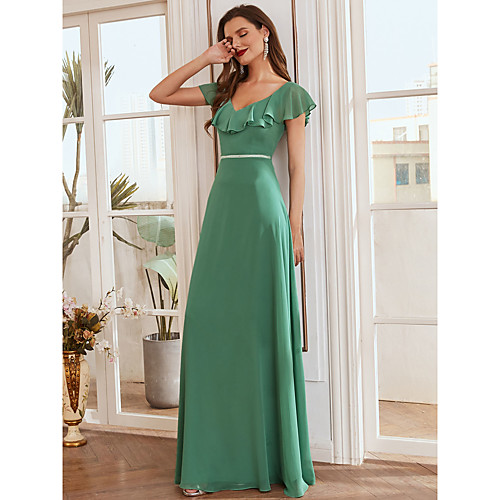 

A-Line V Neck Floor Length Chiffon Bridesmaid Dress with Ruffles