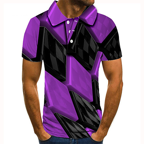 

Men's Golf Shirt Tennis Shirt 3D Print Lattice Geometric Button-Down Short Sleeve Street Tops Casual Fashion Cool Purple / Sports