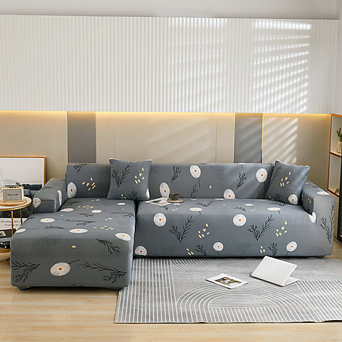 

Grey Floral Print Dustproof All-powerful Slipcovers Stretch L Shape Sofa Cover Super Soft Fabric Couch Cover Sofa Furniture Protector With One Free Boster Case