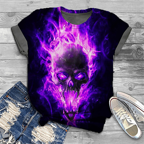 

Women's Plus Size Tops T shirt Graphic Skull Flame Print Short Sleeve Crewneck Basic Black Big Size XL XXL 3XL 4XL 5XL / Holiday