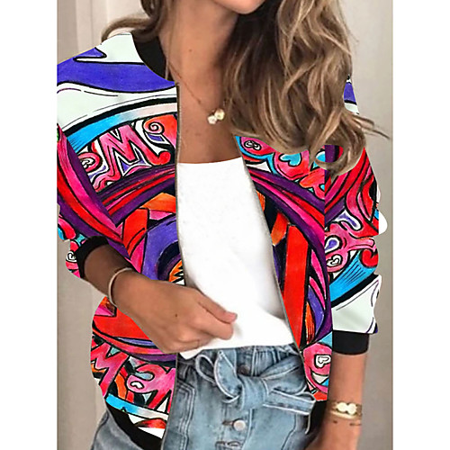 

Women's Jacket Daily Fall Spring Regular Coat Regular Fit Casual Jacket Long Sleeve Geometric Print Red