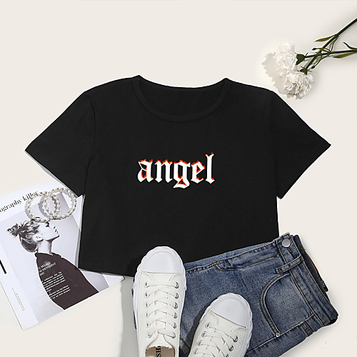 

Women's Crop Tshirt Letter Print Round Neck Tops Cotton Basic Basic Top White Black