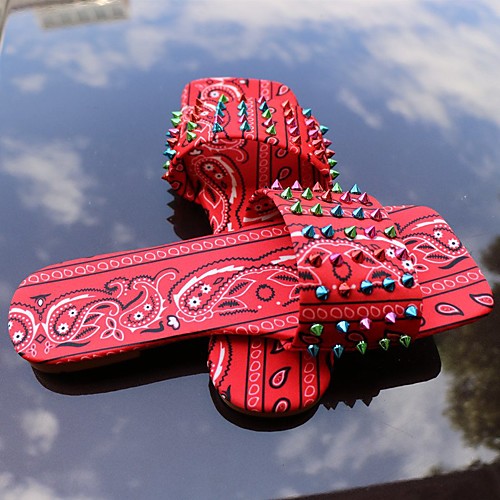 

Women's Flats Outdoor Slippers Flat Heel Square Toe PU Flower Check Color Block Black Red Blue