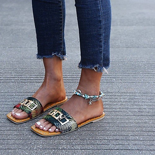 

Women's Sandals Outdoor Slippers Flat Heel Round Toe PU Beading Solid Colored Black Green