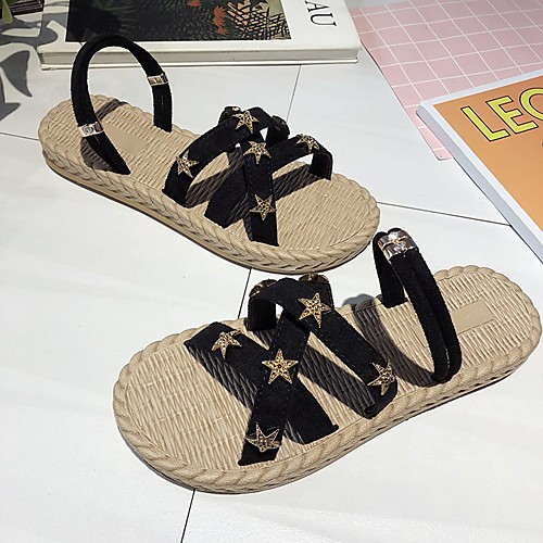 

Women's Sandals Boho Bohemia Beach Espadrilles Straw Sandals Flat Heel Round Toe PU Black Beige