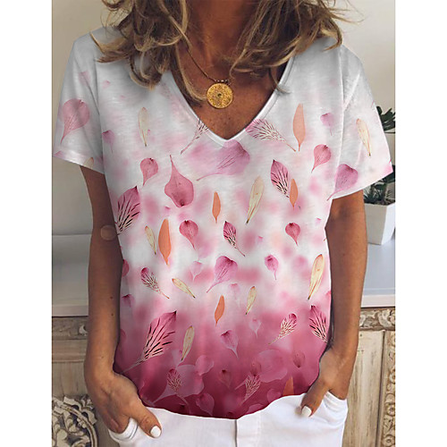 

Women's Floral Theme Painting T shirt Floral Graphic Print V Neck Basic Tops Purple Blushing Pink Fuchsia