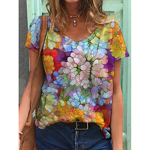 

Women's T shirt Graphic Print V Neck Tops Basic Basic Top Blue Yellow Green