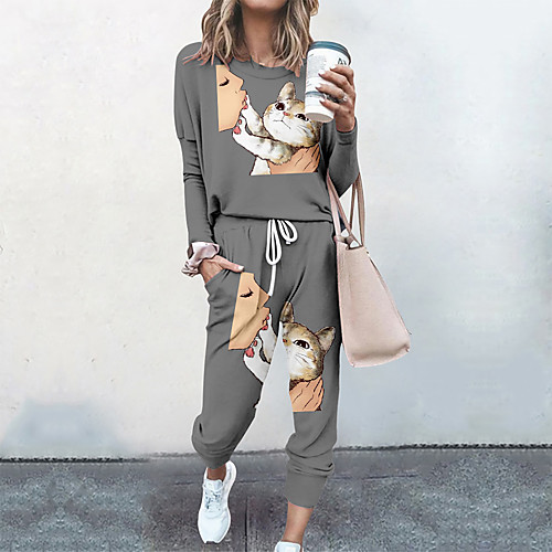 

Women's Basic Streetwear Cat Vacation Casual / Daily Two Piece Set Tracksuit T shirt Pant Loungewear Jogger Pants Drawstring Print Tops