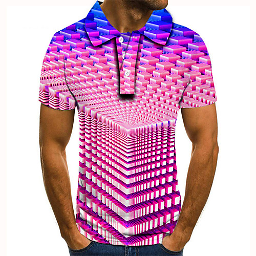 

Men's Golf Shirt 3D Print Optical Illusion Geometric Button-Down Short Sleeve Street Tops Casual Fashion Cool Blushing Pink / Sports