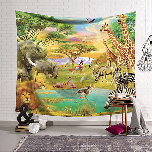 

Animal World Wall Tapestry Art Decor Blanket Curtain Hanging Home Bedroom Living Room Decoration Polyester Animal World Lion Giraffe Elephant Hippo Flamingo