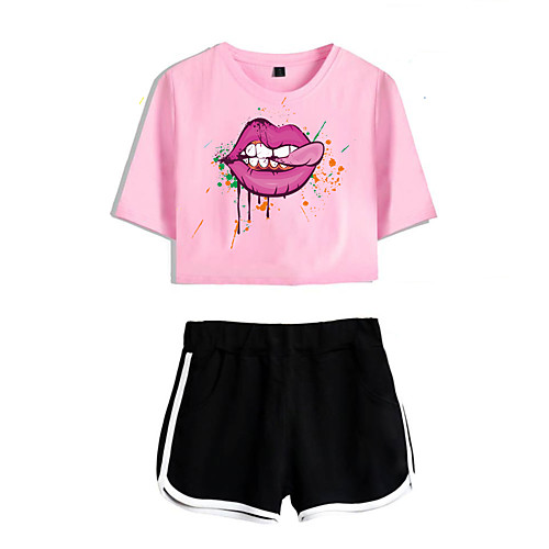 

Women's Basic Streetwear Print Vacation Casual / Daily Two Piece Set Crop Top Tracksuit T shirt Loungewear Shorts Print Tops