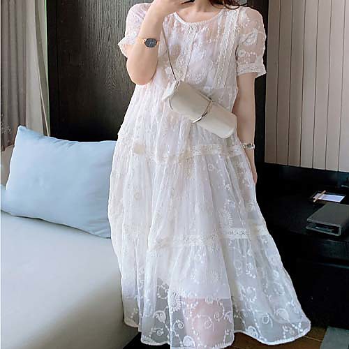 

Two Piece Maxi Floral Holiday Cocktail Party Dress Jewel Neck Short Sleeve Tea Length Lace with Embroidery 2021