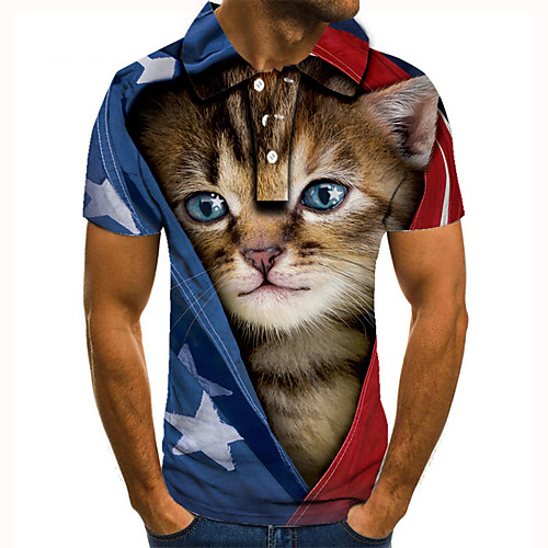 

Men's Golf Shirt 3D Print Cat Animal Button-Down Short Sleeve Street Tops Casual Fashion Cool Blue / Sports