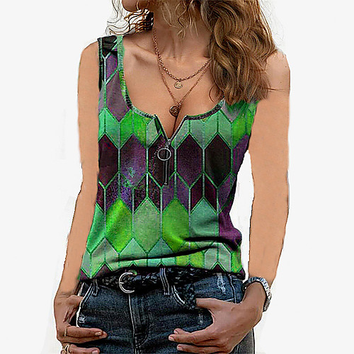 

Women's Tank Top Vest T shirt Graphic Color Block Zipper Print V Neck Basic Streetwear Tops Purple Blushing Pink Fuchsia