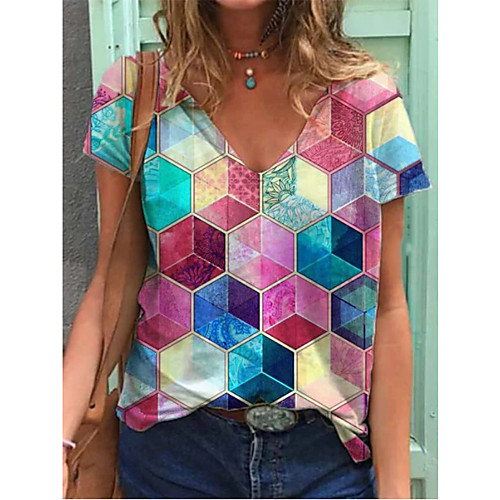 

Women's T shirt Geometric V Neck Tops Basic Basic Top Rainbow