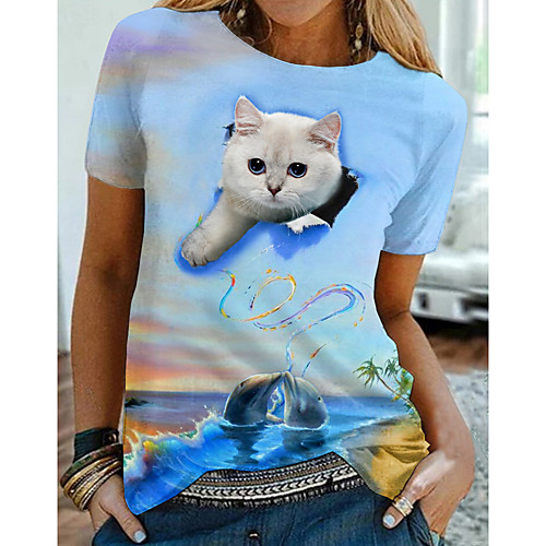 

Women's Holiday 3D Cat T shirt Cat Graphic 3D Print Round Neck Basic Tops Blue