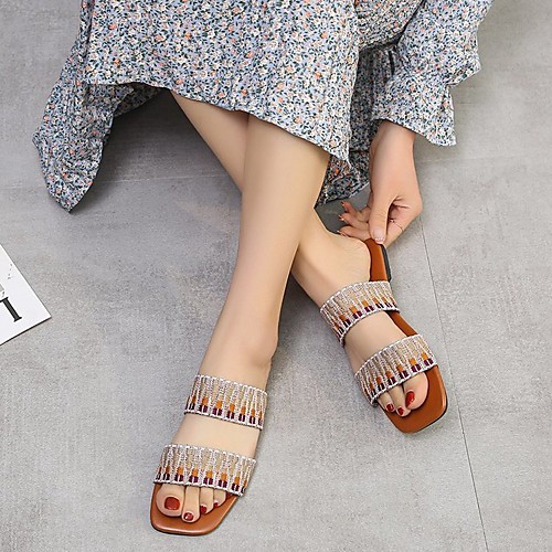 

Women's Sandals Flat Heel Square Toe Canvas Color Block White Black Red