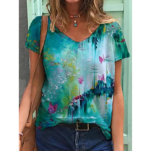 

Women's Floral Theme Butterfly Painting T shirt Butterfly Scenery Print V Neck Basic Tops Green