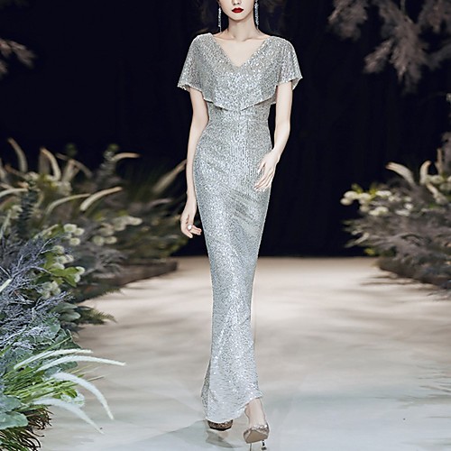

Mermaid / Trumpet Sparkle Sexy Wedding Guest Formal Evening Dress V Neck Short Sleeve Floor Length Sequined with Sequin 2021