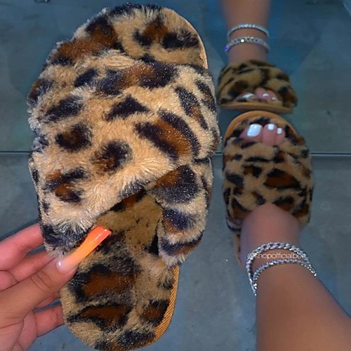 

Women's Slippers & Flip-Flops Flat Heel Open Toe Faux Fur Leopard Camel Leopard Black