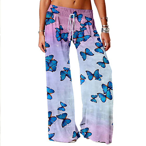 

Women's Basic Soft Comfort Daily Home Wide Leg Pants Butterfly Gradient Full Length Elastic Drawstring Design Print Blushing Pink