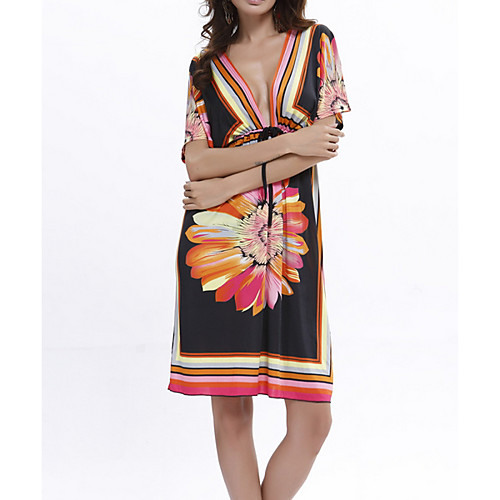 

Women's Shift Dress Knee Length Dress Black Short Sleeve Floral Bow Print Fall Summer V Neck Elegant Casual 2021 M L XL XXL