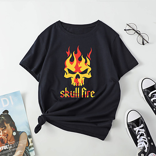 

Women's T shirt Flame Letter Print Round Neck Tops Cotton Basic Basic Top White Black Blue