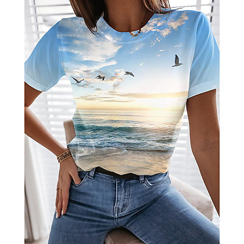 

Women's Holiday 3D Printed Painting T shirt Graphic Scenery Print Round Neck Basic Beach Tops Blue