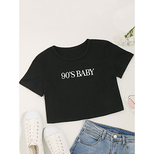 

Women's Crop Tshirt Letter Print Round Neck Tops Cotton Basic Basic Top White Black