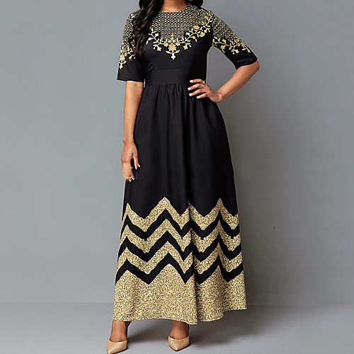 

Women's Swing Dress Maxi long Dress Black Half Sleeve Geometric Embroidered Spring Summer Round Neck Elegant Party 2021 S M L XL XXL