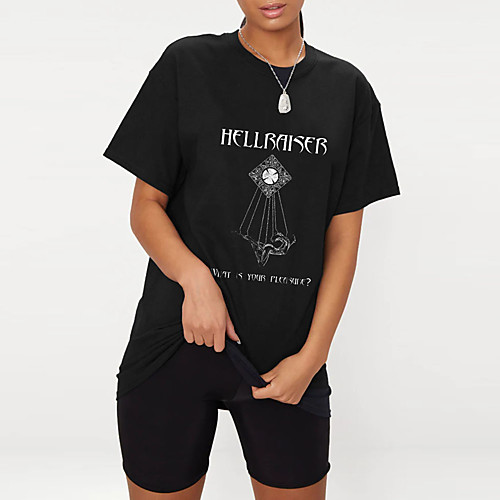 

Women's T shirt Graphic Letter Print Round Neck Tops 100% Cotton Rock Basic Top Black