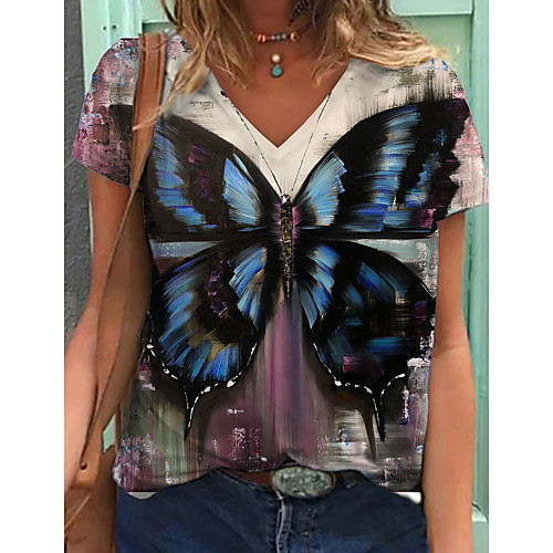 

Women's T shirt Graphic Butterfly Print V Neck Tops Basic Basic Top Blue Green