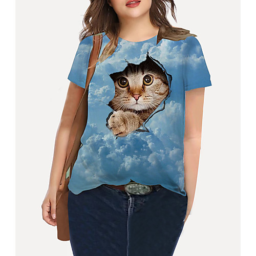 

Women's Plus Size Tops T shirt Cat Graphic Animal Print Short Sleeve Crewneck Basic Blue Big Size XL XXL 3XL 4XL 5XL / Holiday / Going out