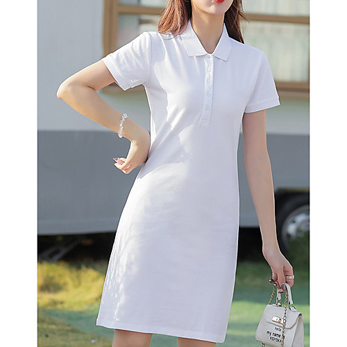 

Women's Sports Dress Knee Length Dress White Black Navy Blue Short Sleeve Solid Color Summer Shirt Collar Casual 2021 S M L XL XXL 3XL / Cotton / Cotton