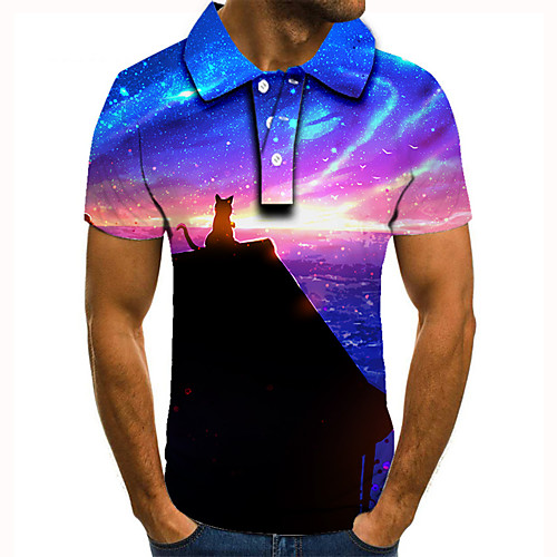 

Men's Golf Shirt 3D Print Cat Graphic Prints Starry Sky Button-Down Short Sleeve Street Tops Casual Fashion Cool Blue / Sports