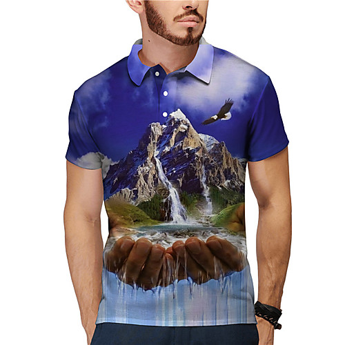 

Men's Golf Shirt Tennis Shirt 3D Print Graphic Prints Mountain Button-Down Print Short Sleeve Daily Tops Casual Designer Big and Tall Blue / Summer
