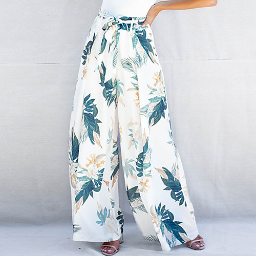 

Women's Chino Boho Comfort Casual Daily Wide Leg Pants Floral Graphic Full Length Drawstring Print White