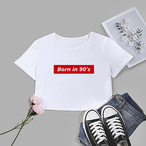 

Women's Crop Tshirt Letter Print Round Neck Tops Cotton Basic Basic Top White Black